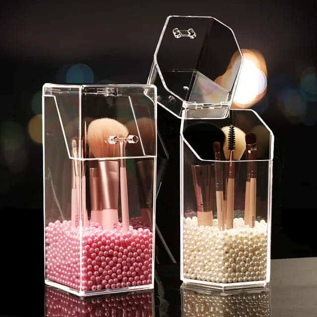 Acrylic Makeup Brush Holder Storage Box With Pearls