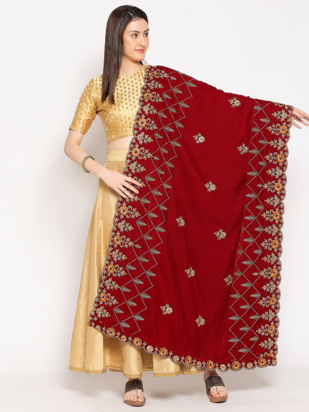 Maroon Velvet Dupatta with Mustard Embroidery & Cutwork Embroidery
