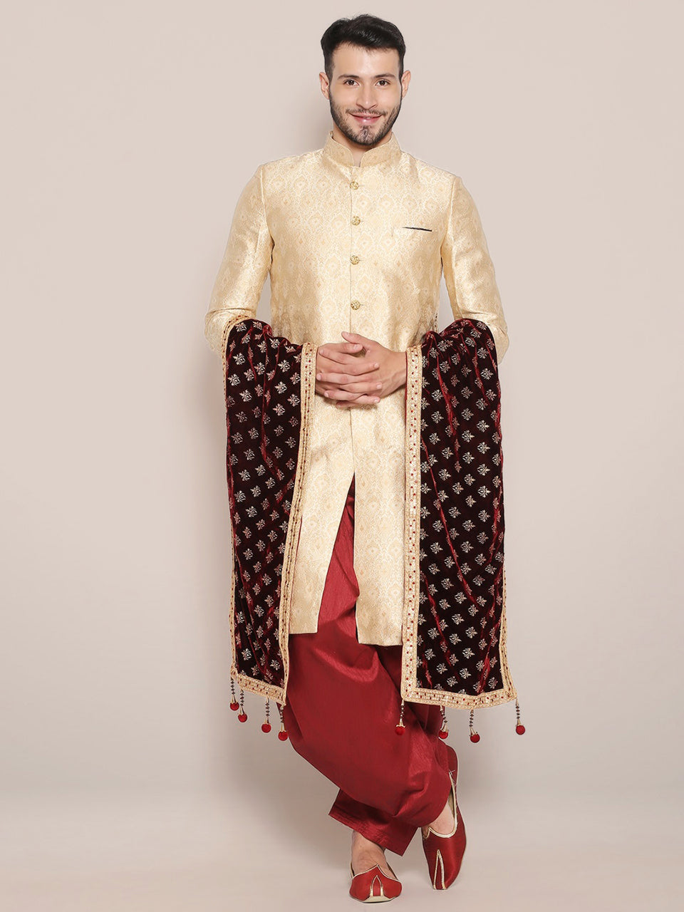 Men's Dark Maroon Velvet Stole with Foil Print.