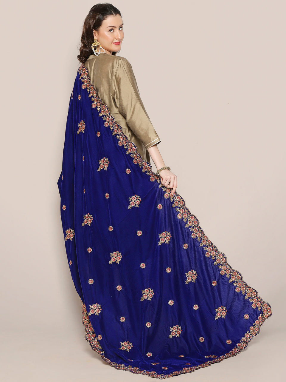 Royal Blue Velvet Dupatta with Gold Embroidery & Cutwork Border