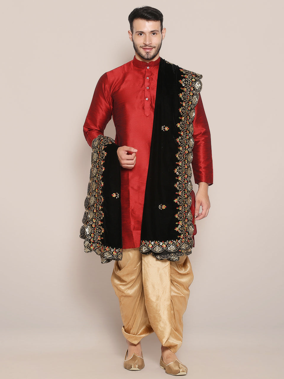 Men's Black Velvet Dupatta with Multicolour Embroidery