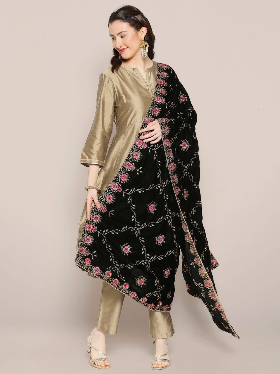 Black Velvet Dupatta with Pink Jaal Embroidery