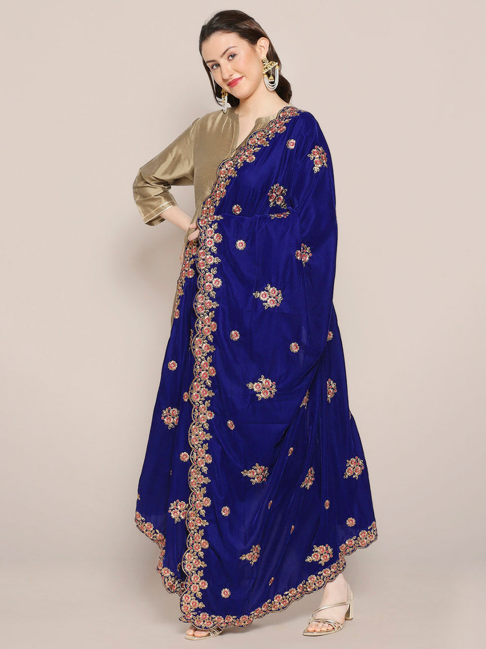 Royal Blue Velvet Dupatta with Gold Embroidery & Cutwork Border