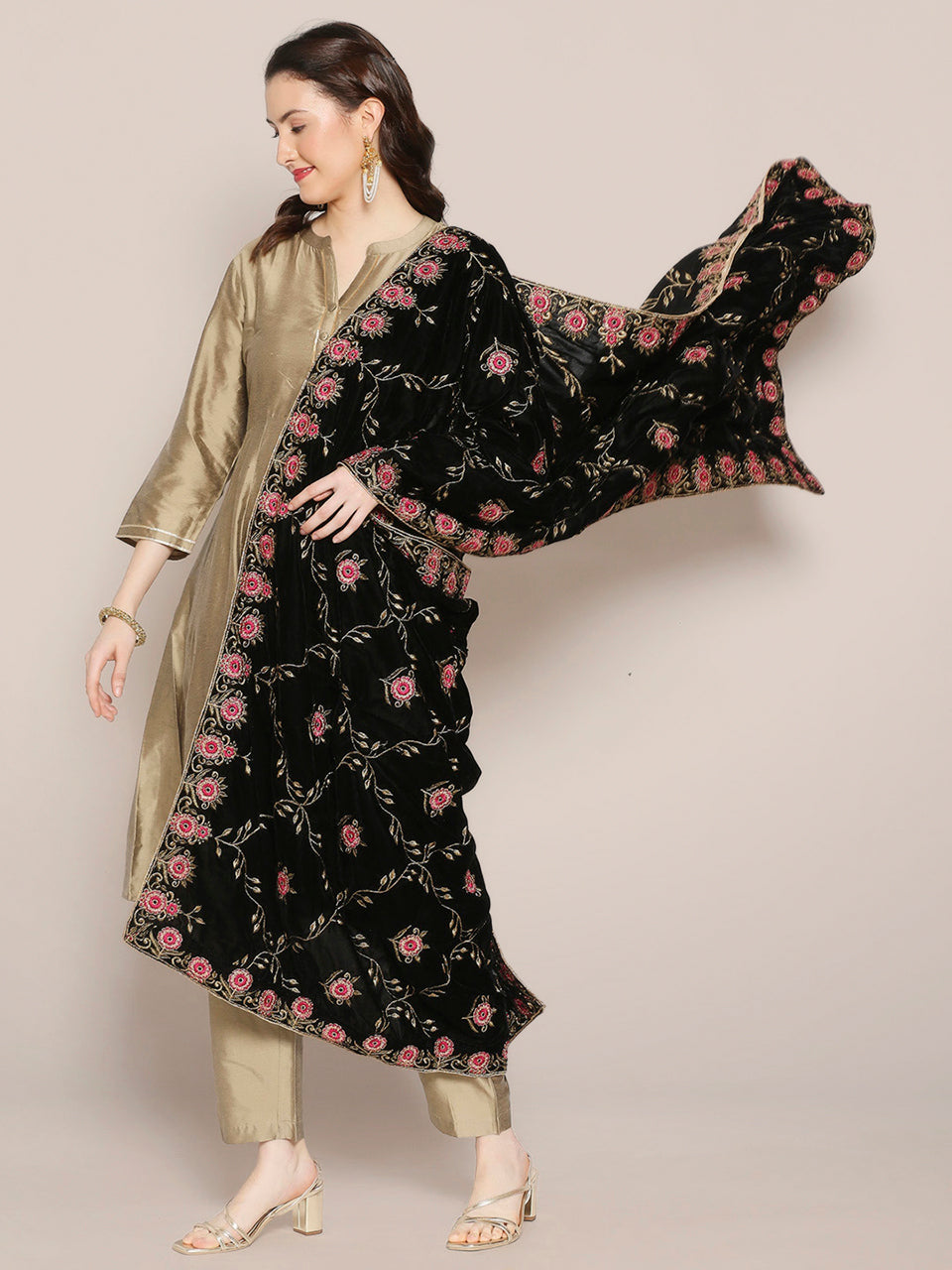 Black Velvet Dupatta with Pink Jaal Embroidery