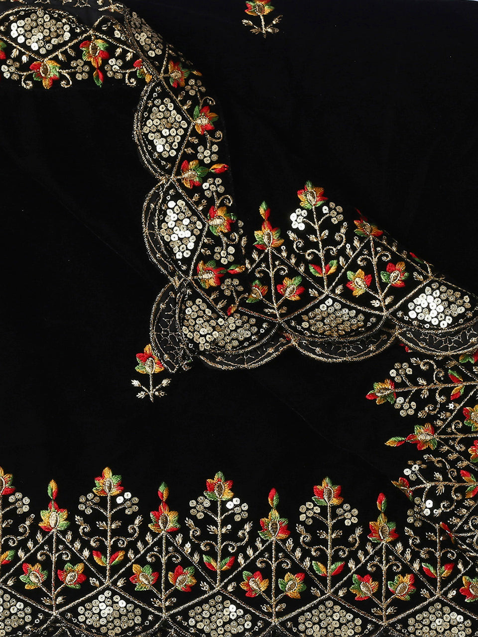 Men's Black Velvet Dupatta with Multicolour Embroidery