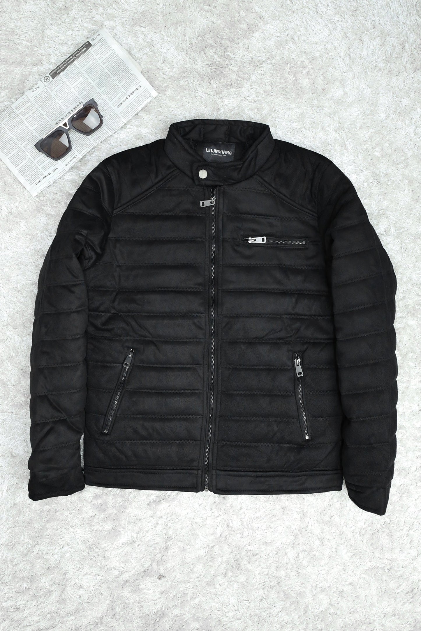 Quilted Pattern Iconic Zipper Men's Suede Jacket