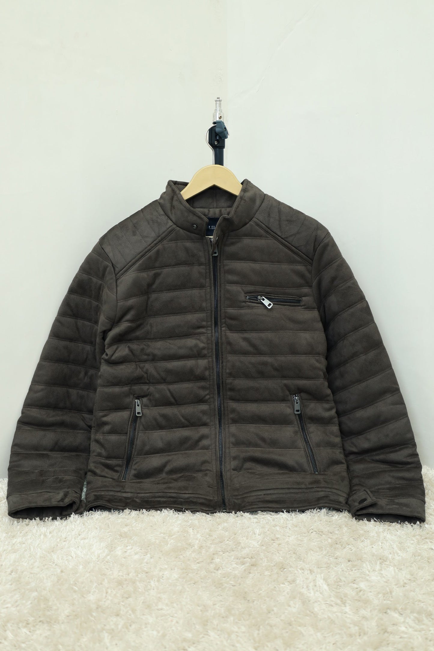 Quilted Pattern Iconic Zipper Men's Suede Jacket