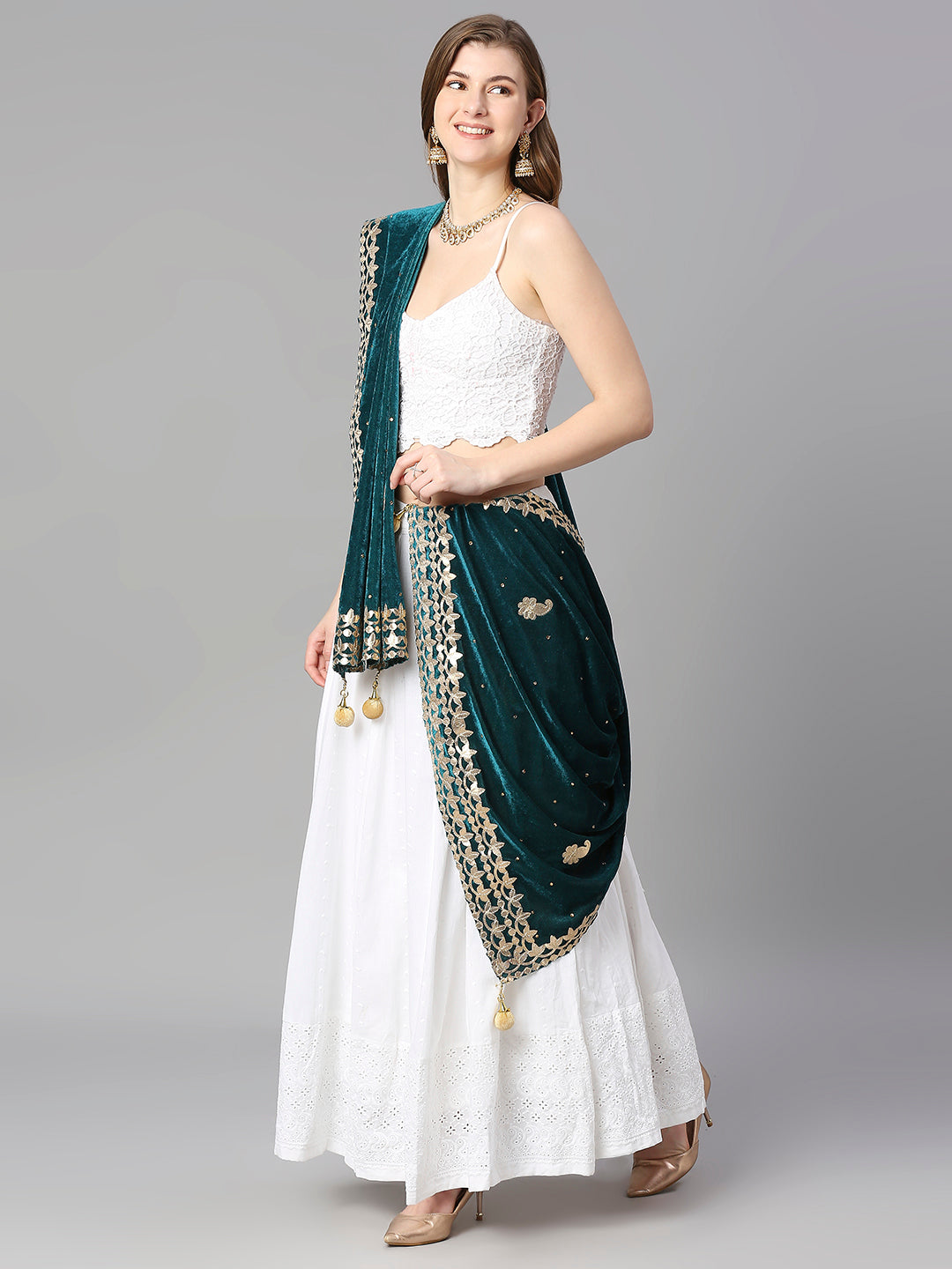Gotta Patti Work Velvet Teal Dupatta With Danglers