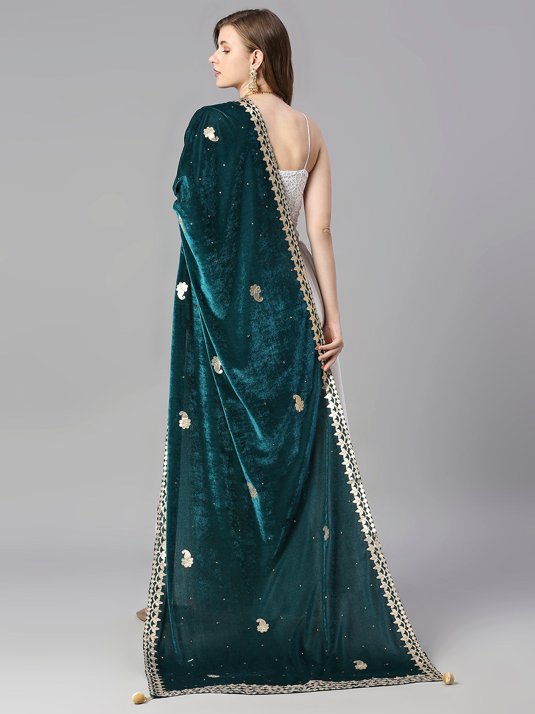 Gotta Patti Work Velvet Teal Dupatta With Danglers