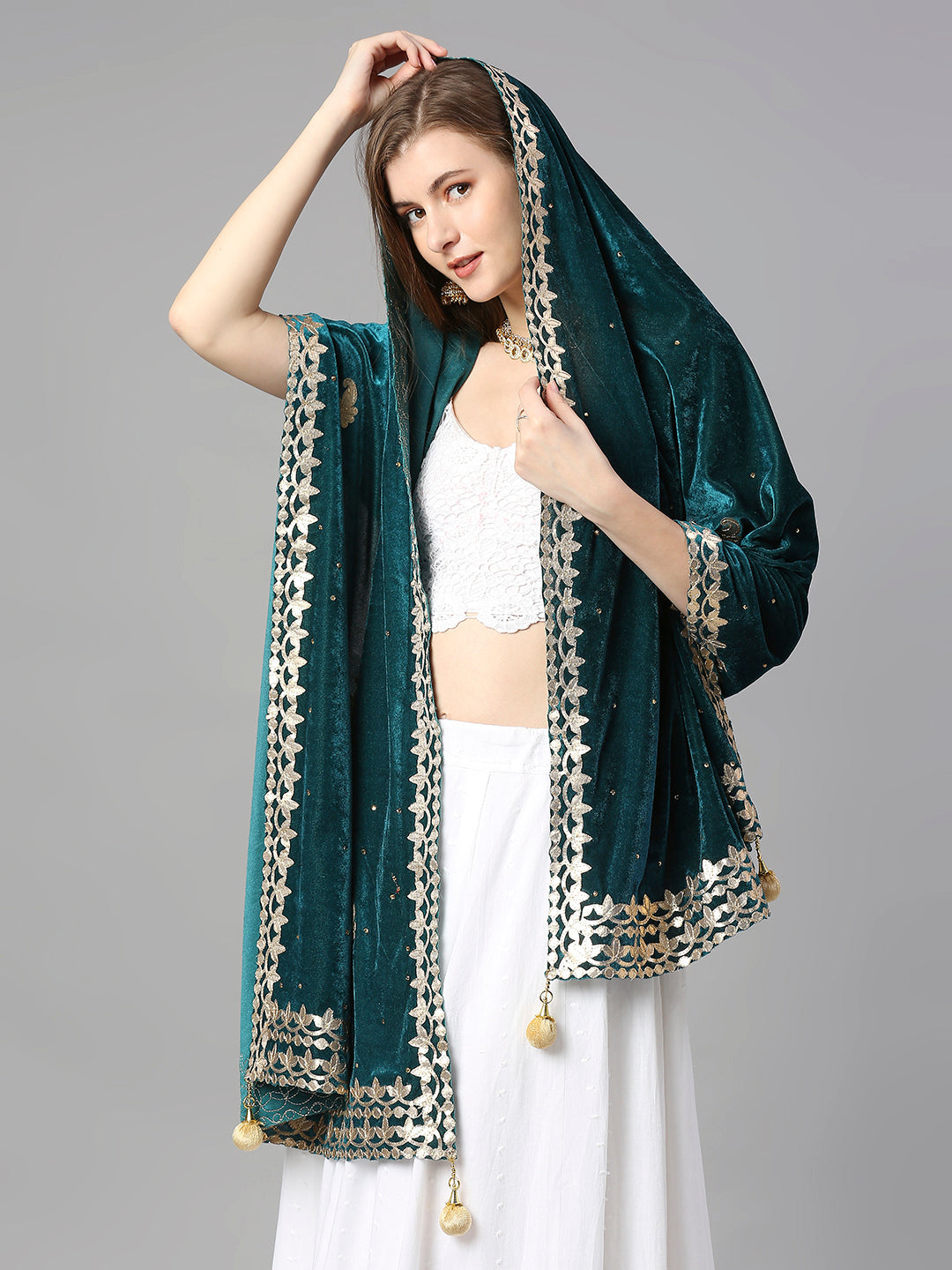 Gotta Patti Work Velvet Teal Dupatta With Danglers