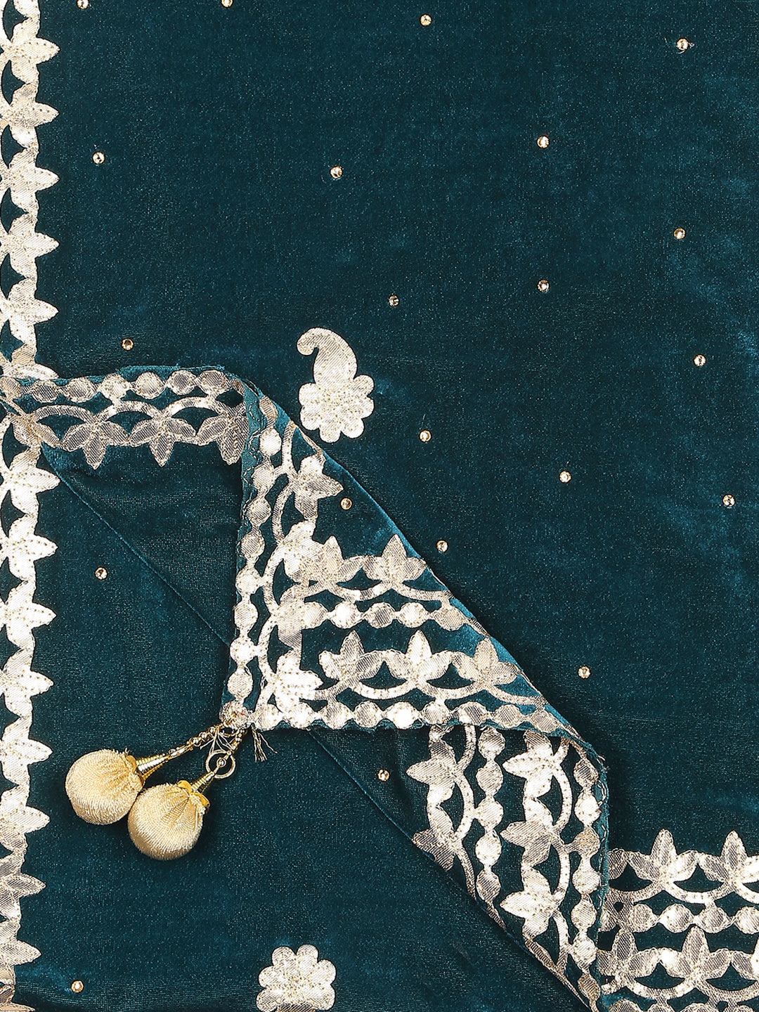 Gotta Patti Work Velvet Teal Dupatta With Danglers