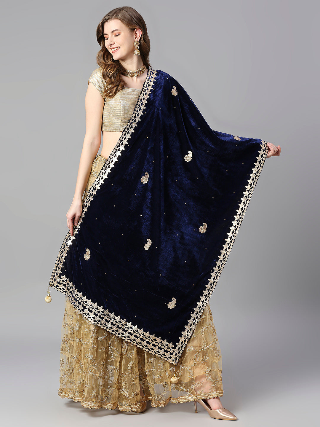 Gotta Patti Work Velvet Dupatta With Danglers