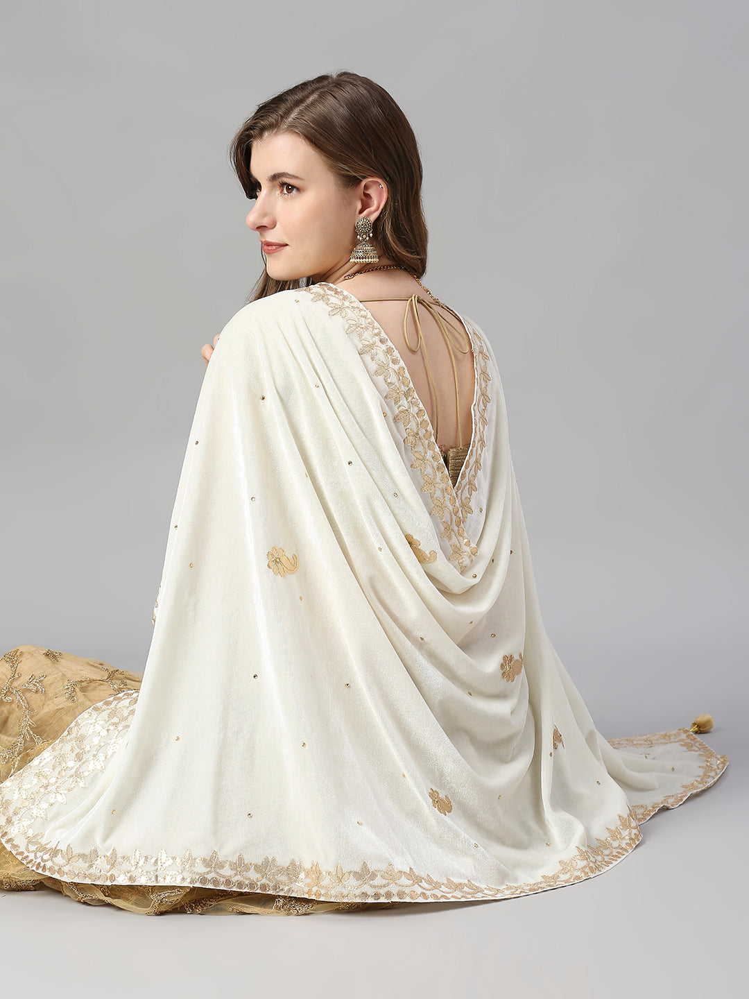 Gotta Patti Work Velvet Cream Dupatta With Danglers