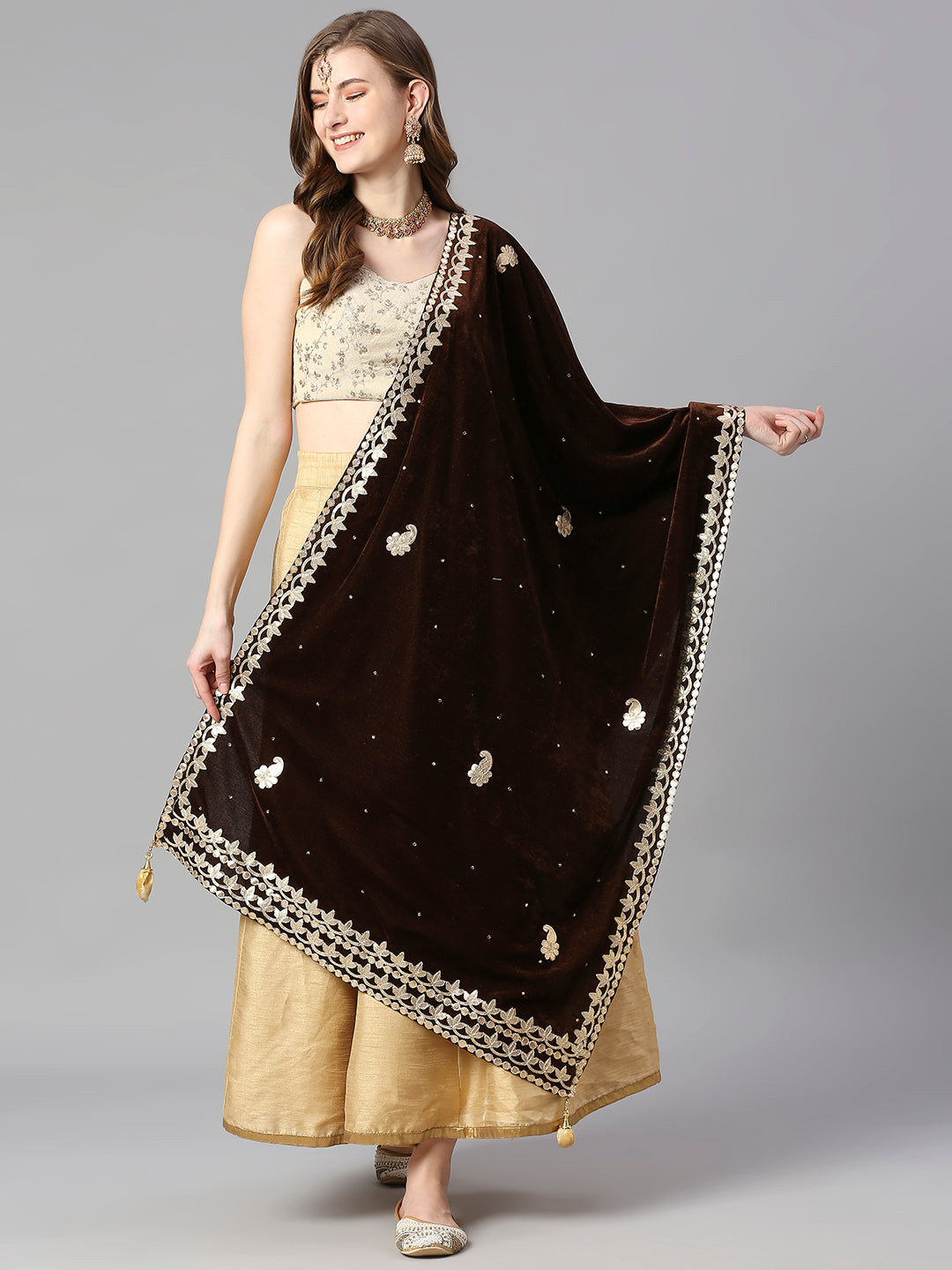 Gotta Patti Work Velvet Brown Dupatta With Danglers