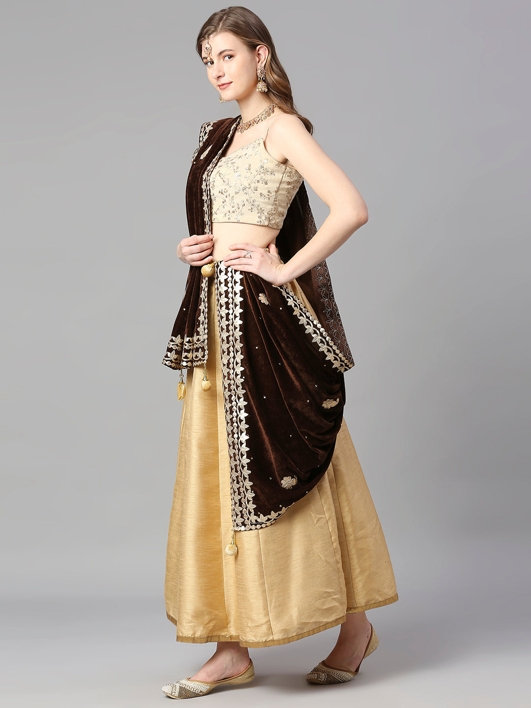 Gotta Patti Work Velvet Brown Dupatta With Danglers