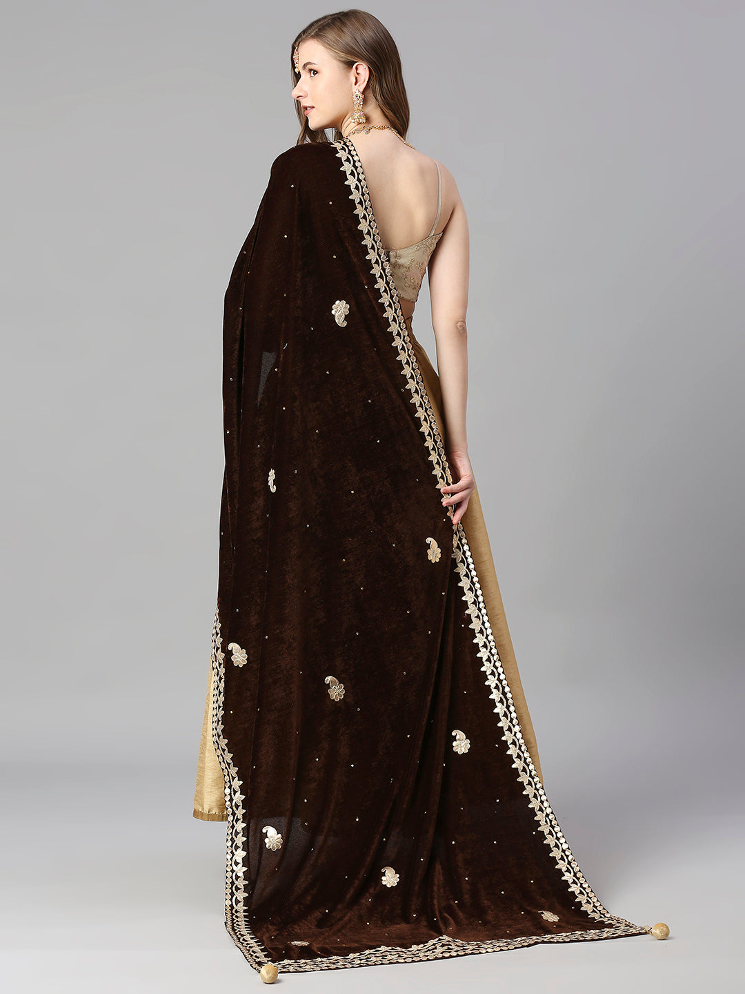 Gotta Patti Work Velvet Brown Dupatta With Danglers