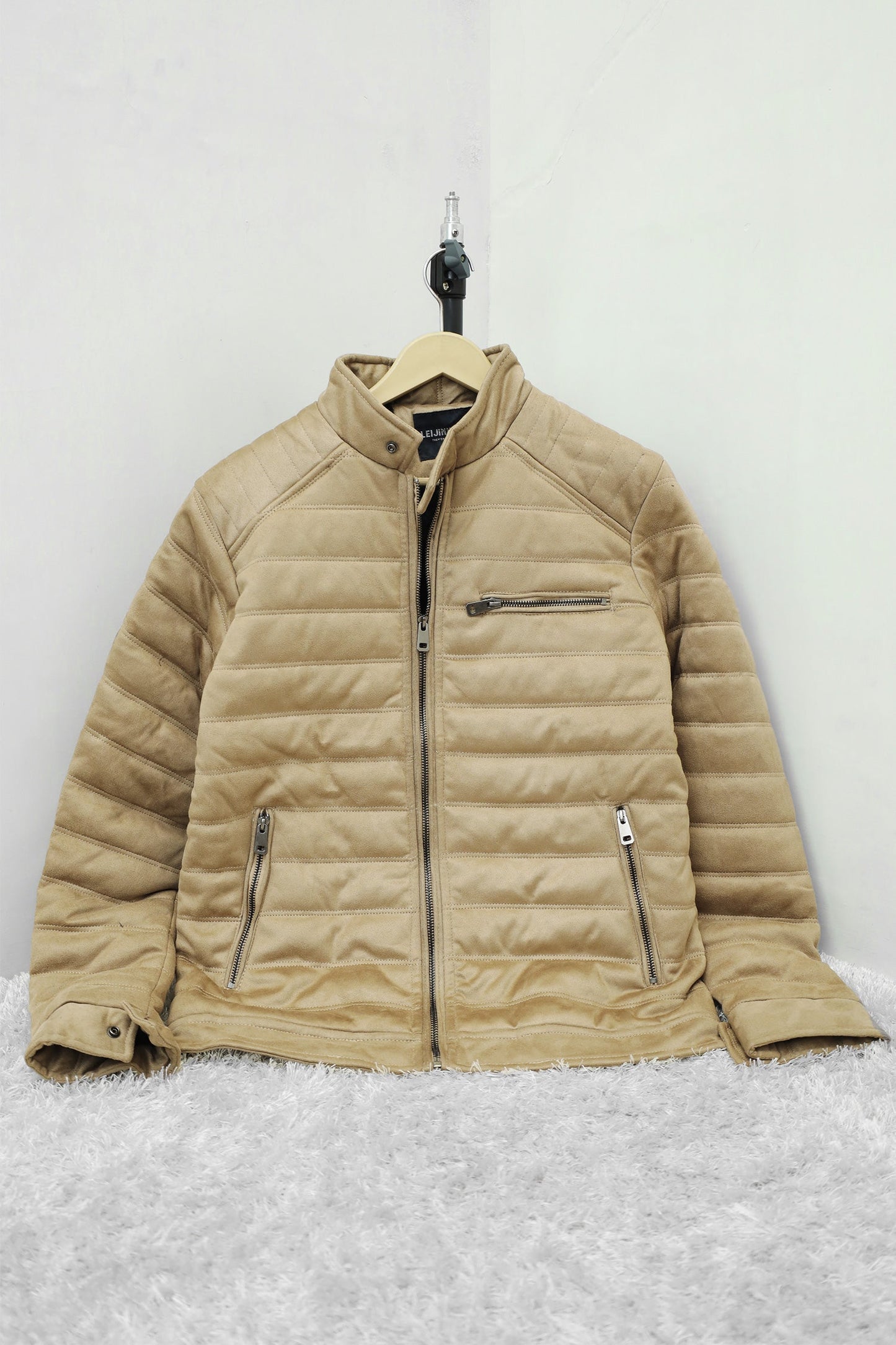 Quilted Pattern Iconic Zipper Men's Suede Jacket