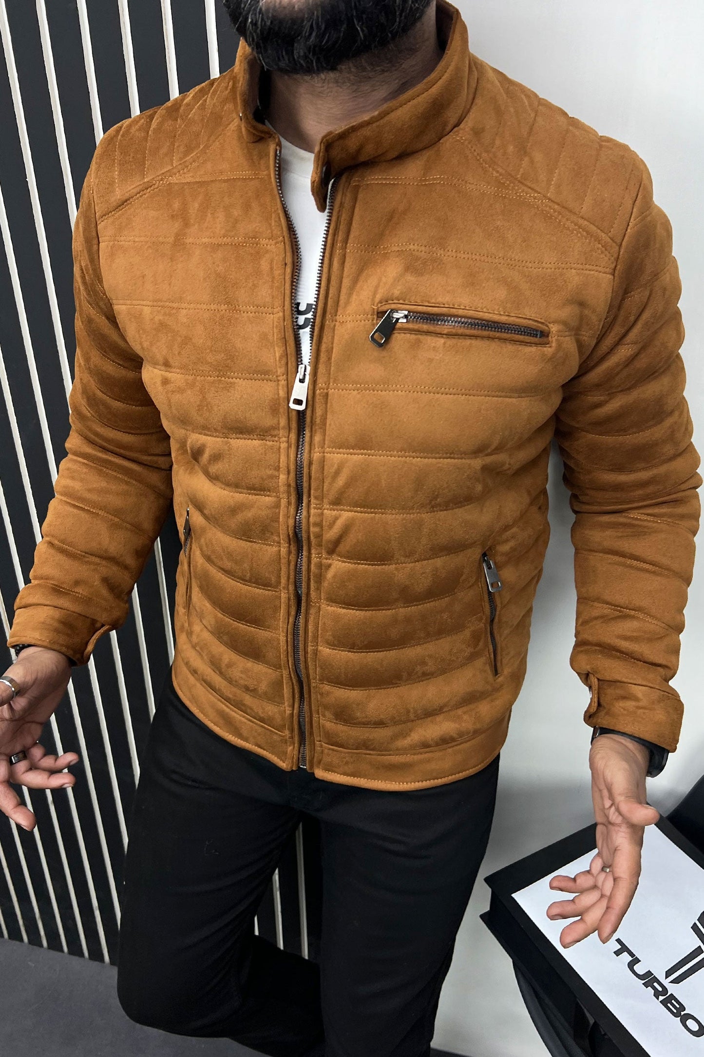 Quilted Pattern Iconic Zipper Men's Suede Jacket