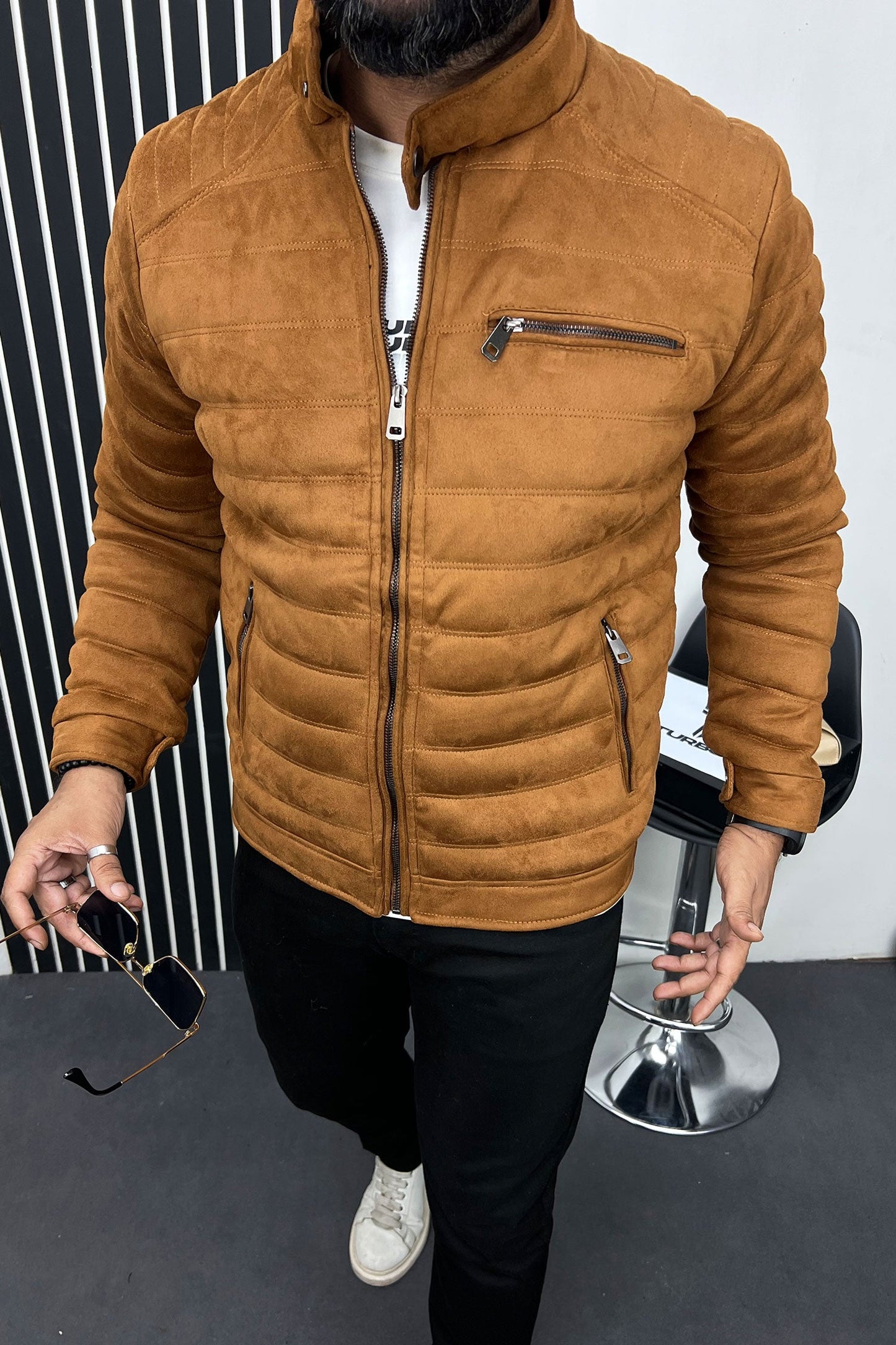 Quilted Pattern Iconic Zipper Men's Suede Jacket