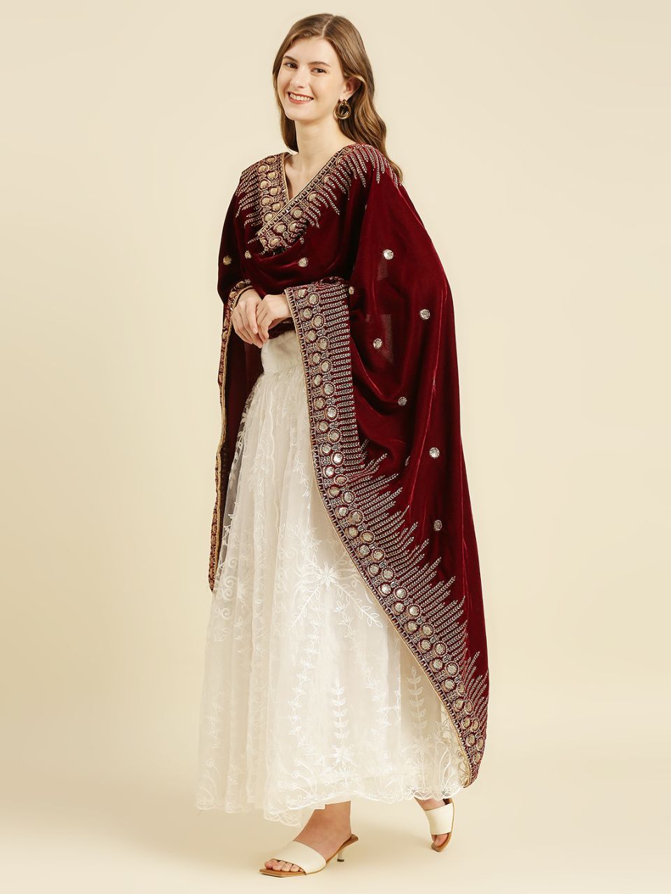 Embroidered Navy Blue Velvet Dupatta