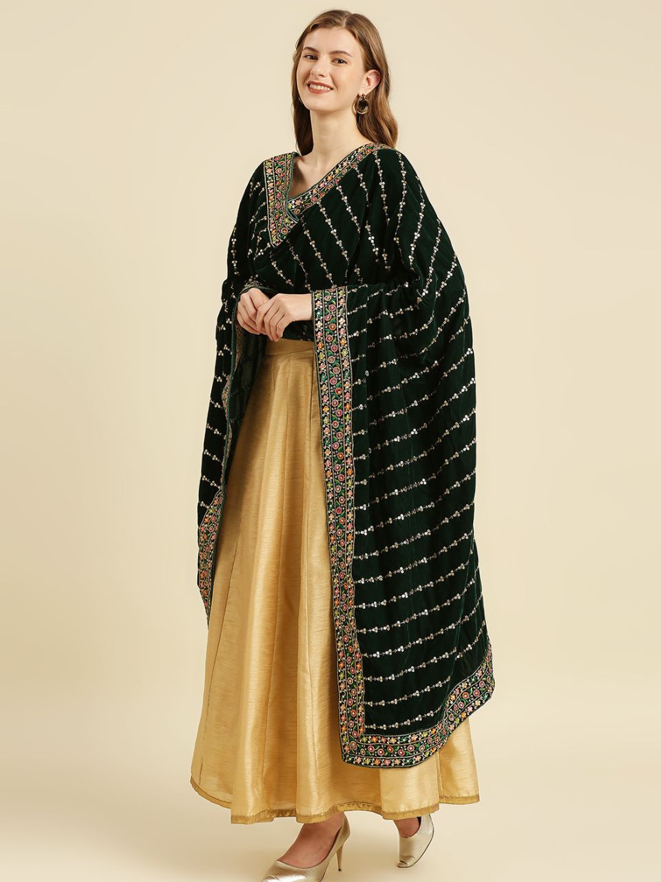 Multicolour Embroidered Velvet Dupatta