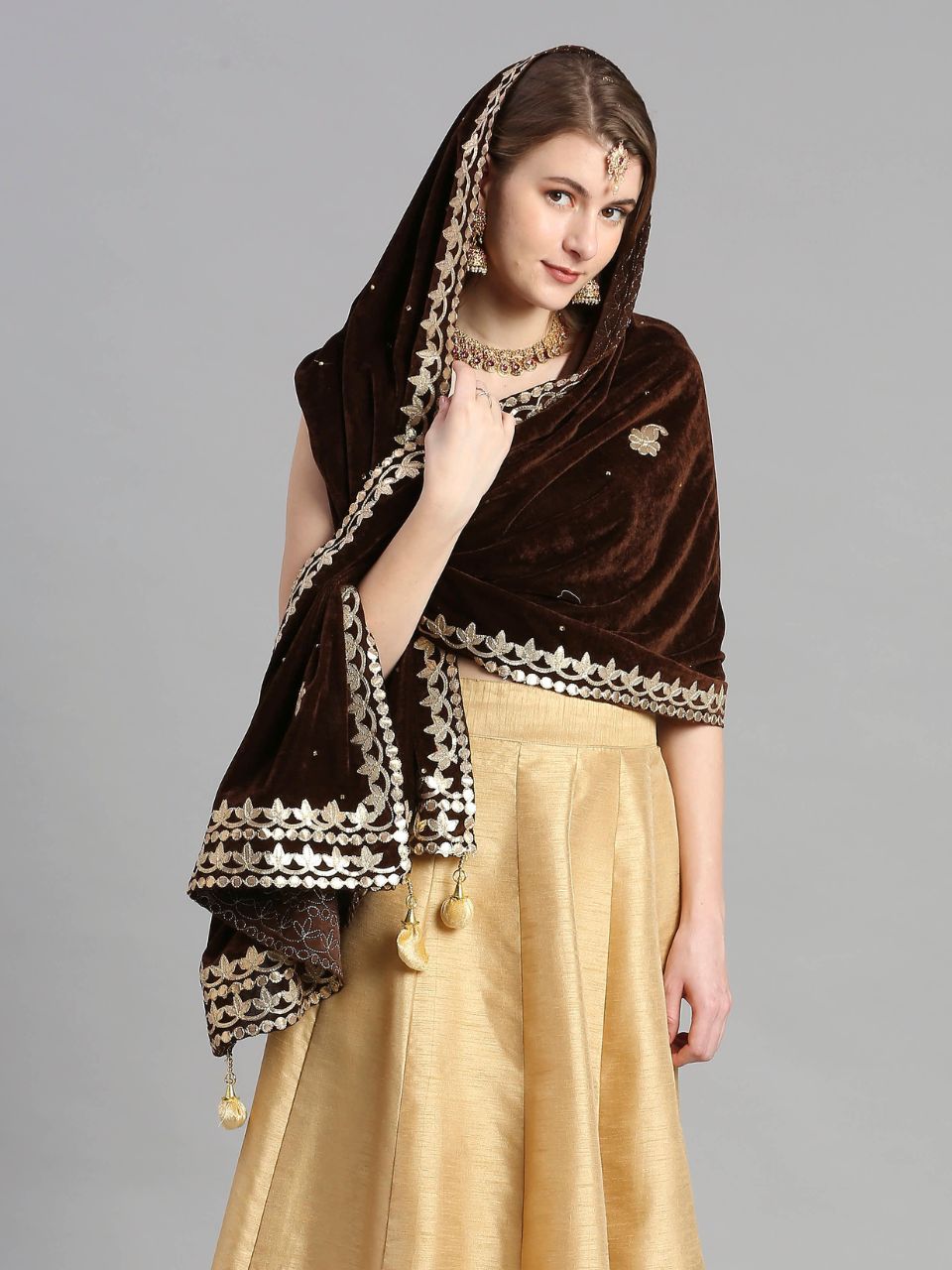 Gotta Patti Work Velvet Brown Dupatta With Danglers
