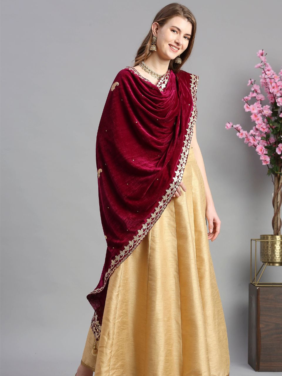 Gotta Patti Work Velvet Dupatta With Danglers