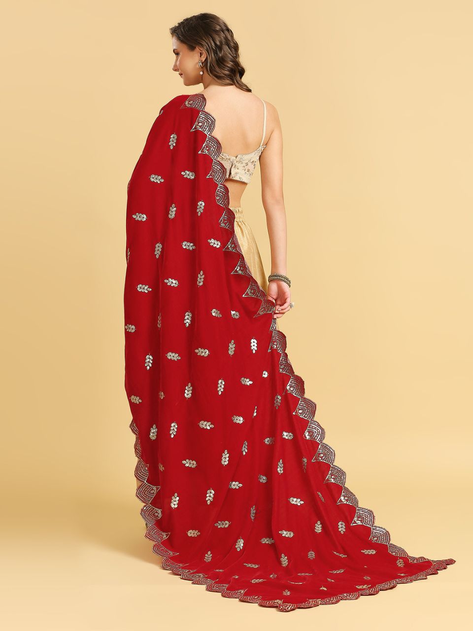 Embroidered Velvet Dupatta with Scalloped Borders