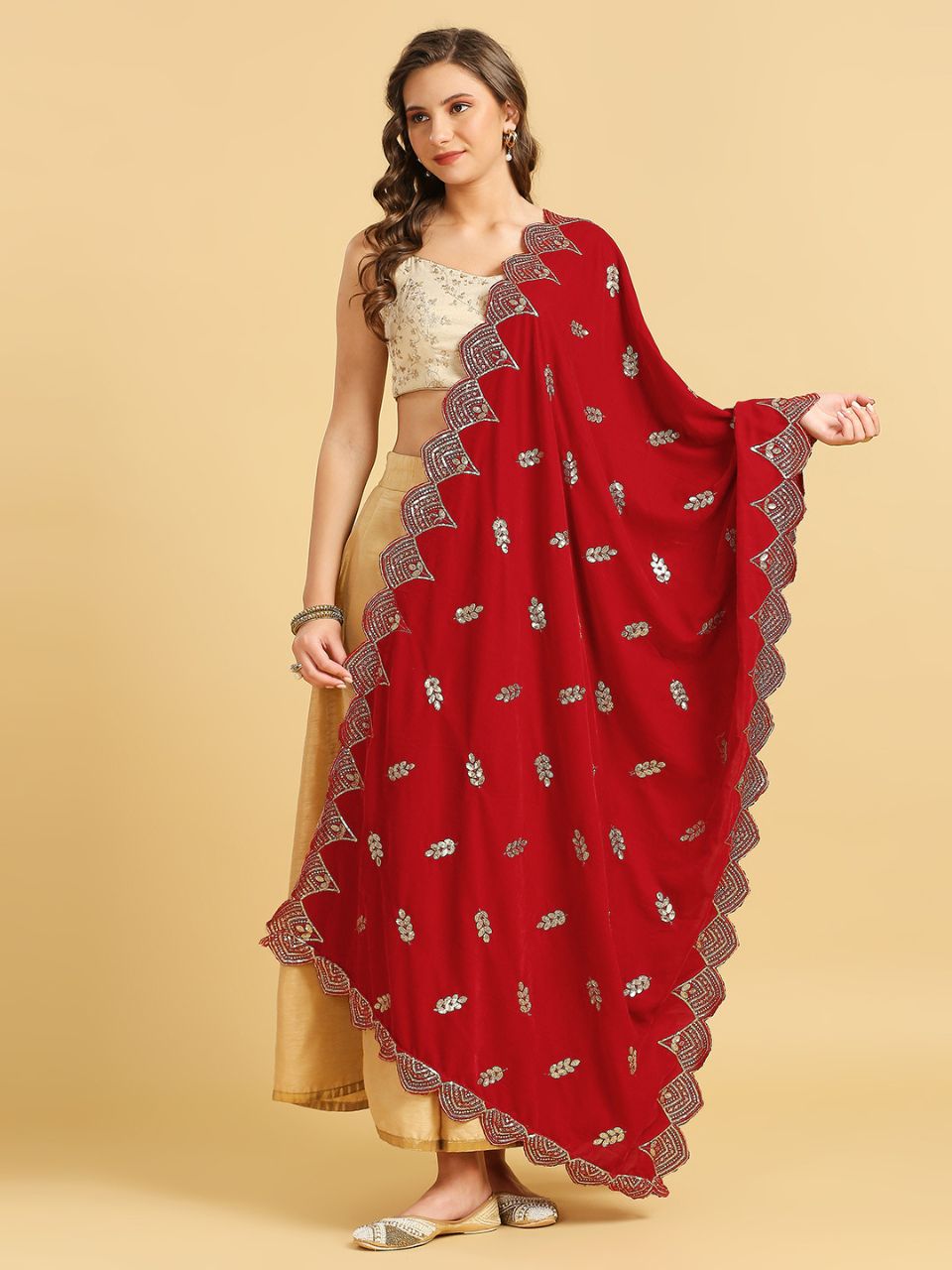 Embroidered Velvet Dupatta with Scalloped Borders