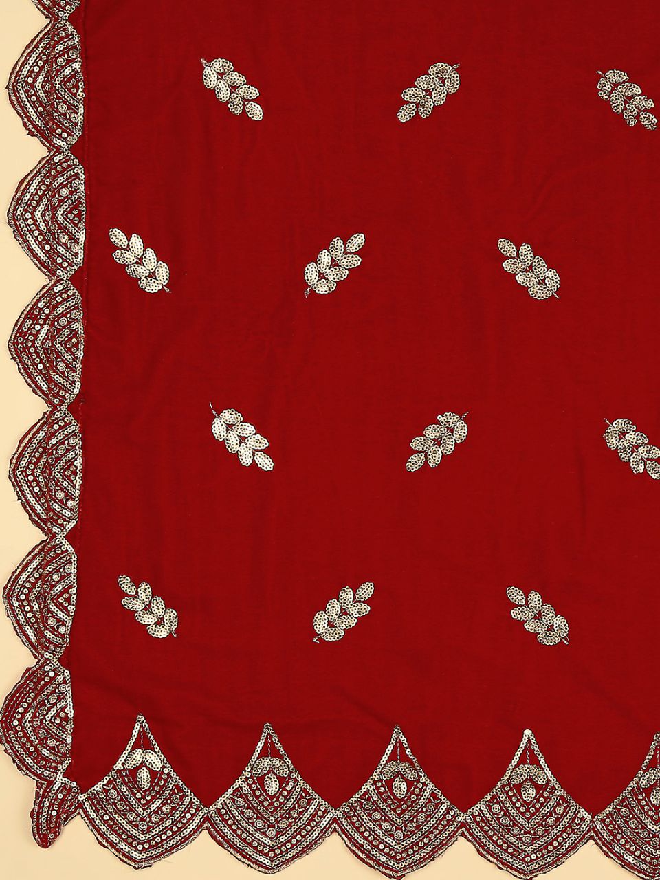 Embroidered Velvet Dupatta with Scalloped Borders