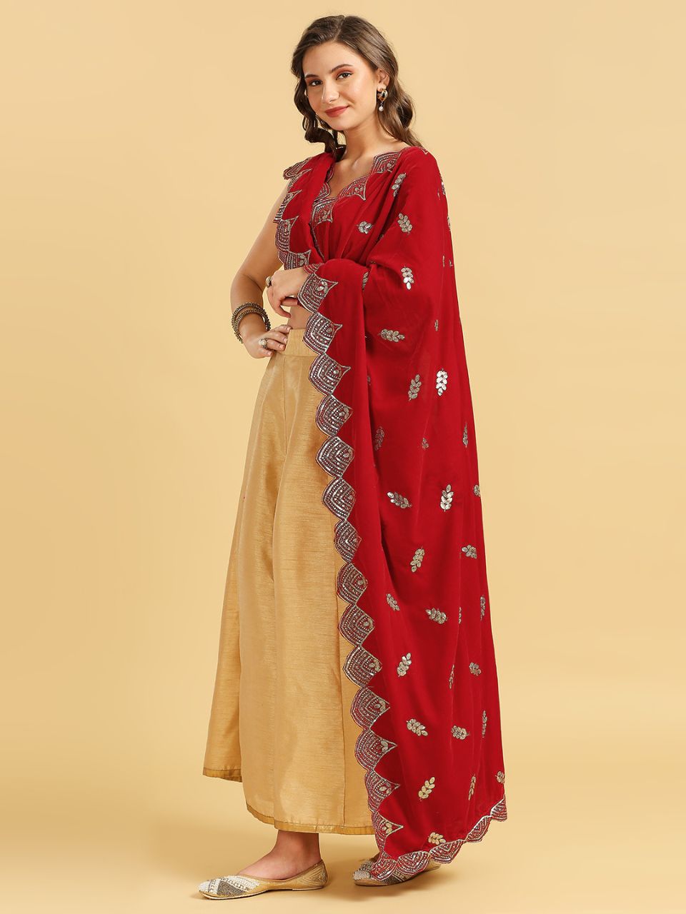 Embroidered Velvet Dupatta with Scalloped Borders