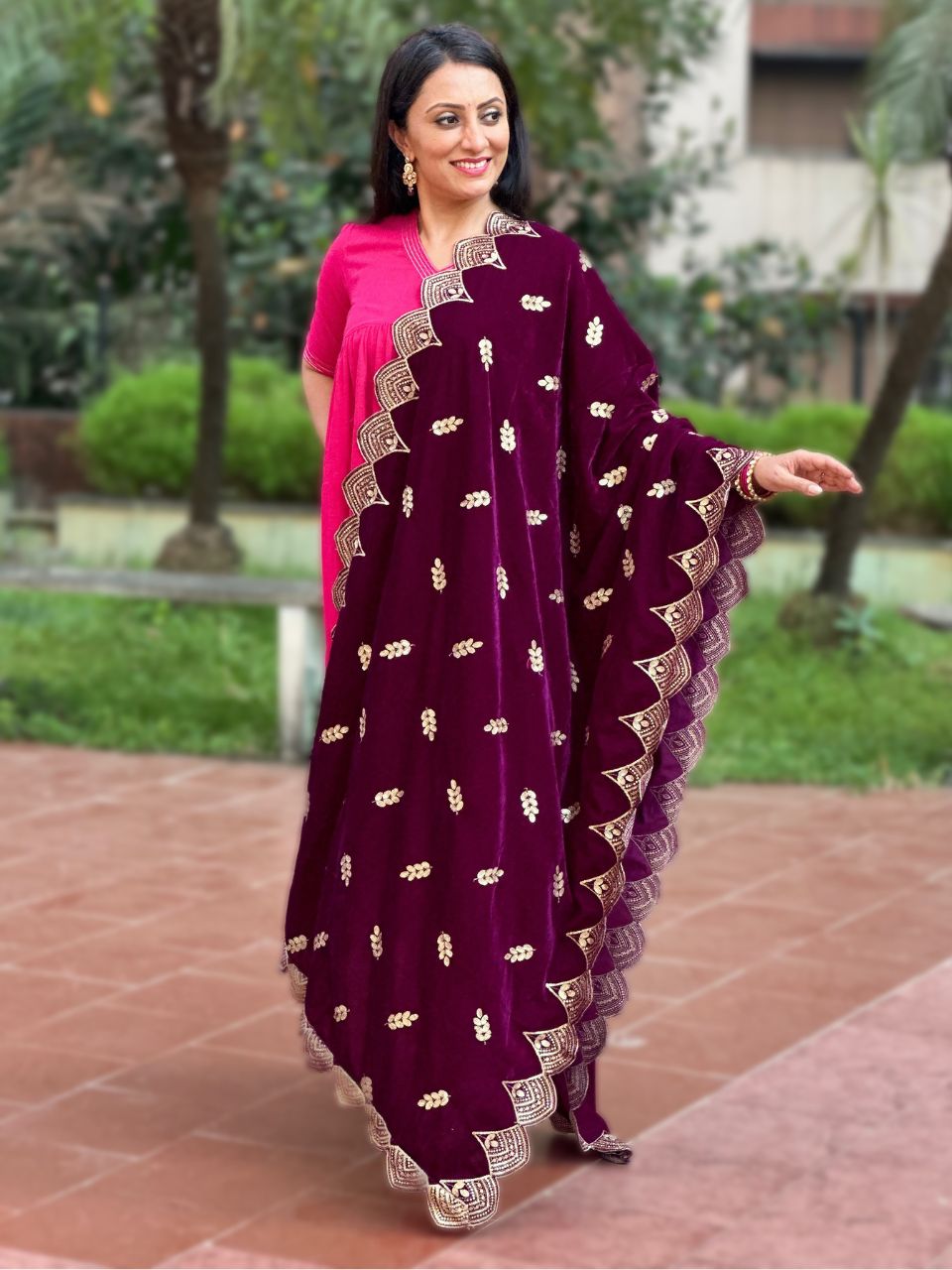 Embroidered Velvet Dupatta with Scalloped Borders