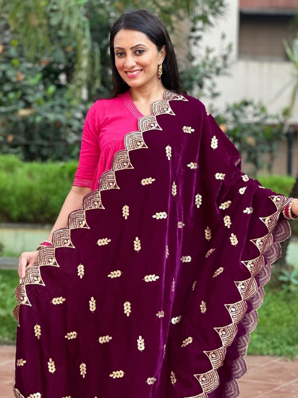 Embroidered Velvet Dupatta with Scalloped Borders