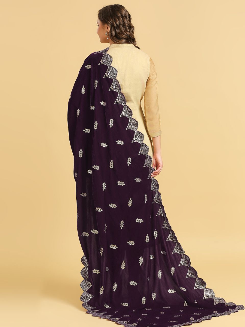 Embroidered Velvet Dupatta with Scalloped Borders