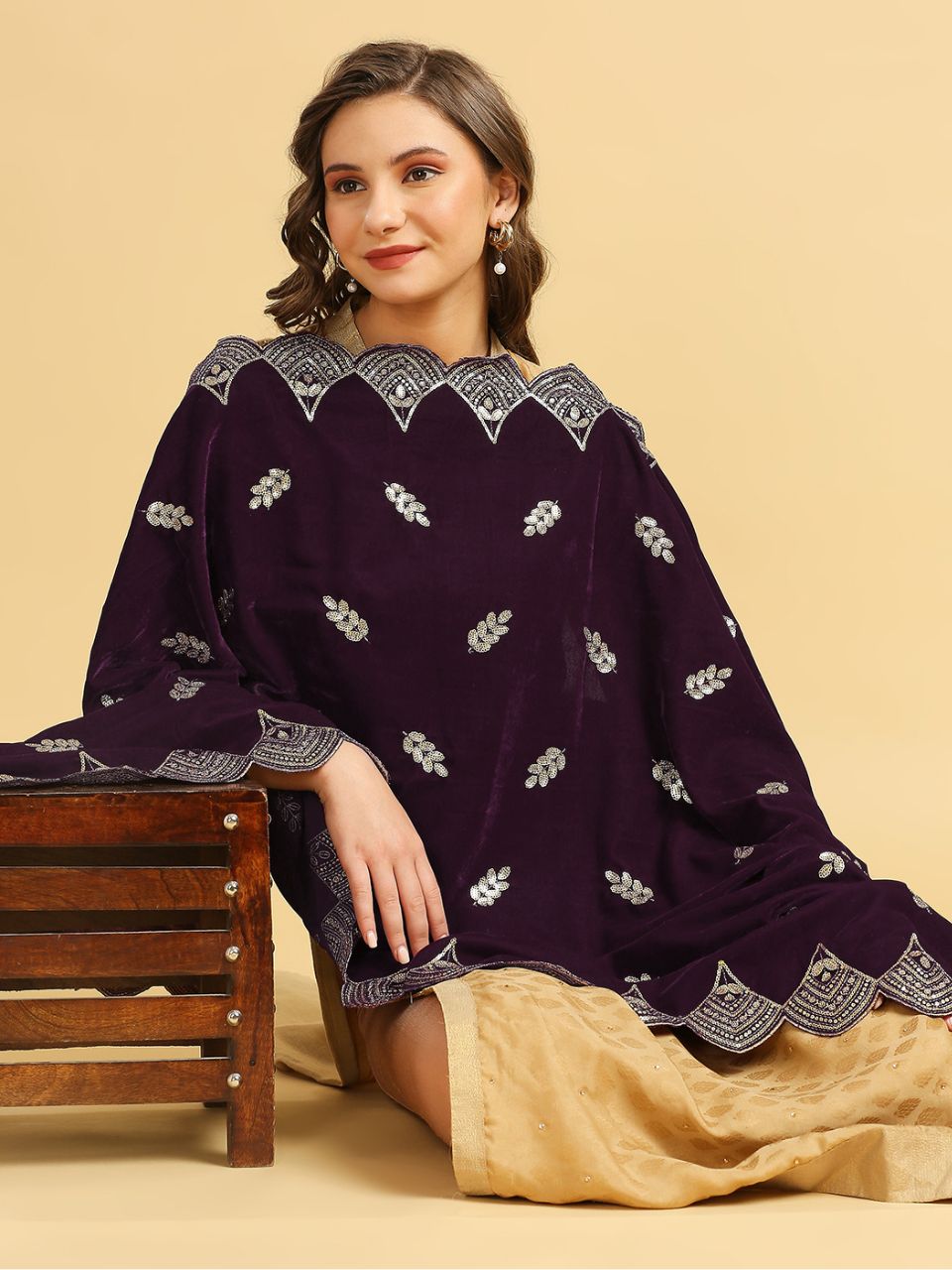 Embroidered Velvet Dupatta with Scalloped Borders