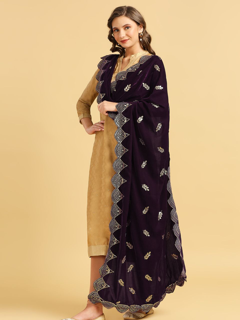 Embroidered Velvet Dupatta with Scalloped Borders