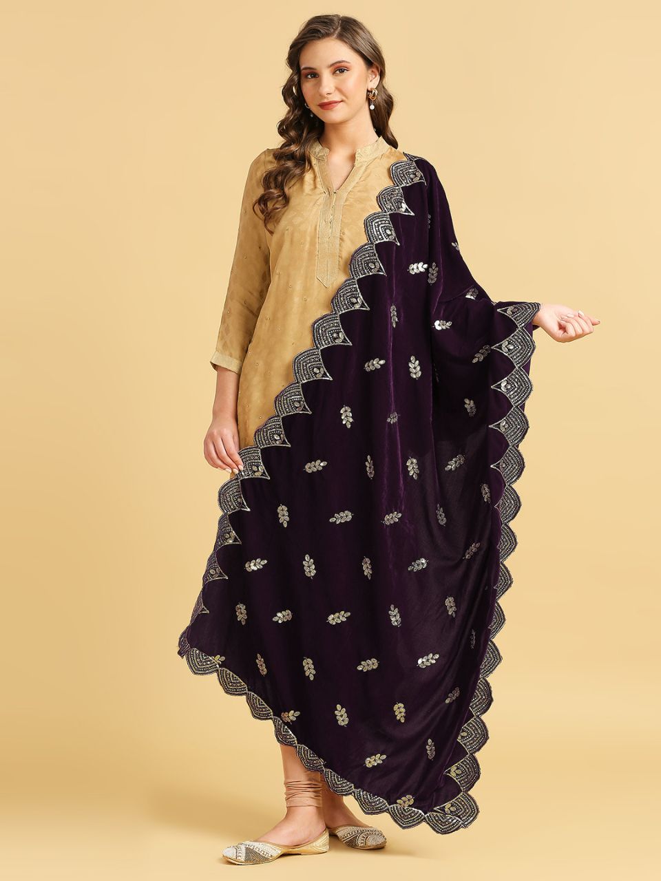 Embroidered Velvet Dupatta with Scalloped Borders