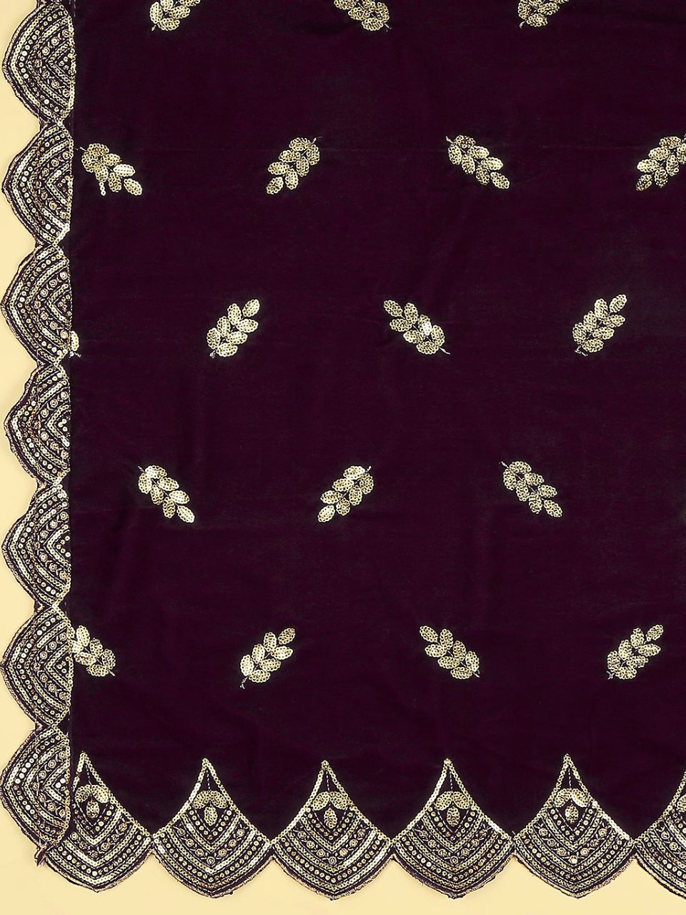 Embroidered Velvet Dupatta with Scalloped Borders