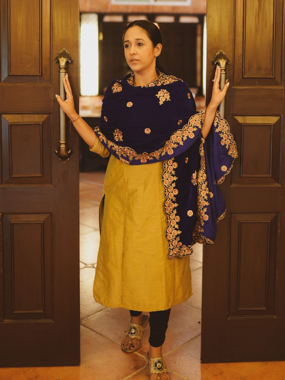 Royal Blue Velvet Dupatta with Gold Embroidery & Cutwork Border