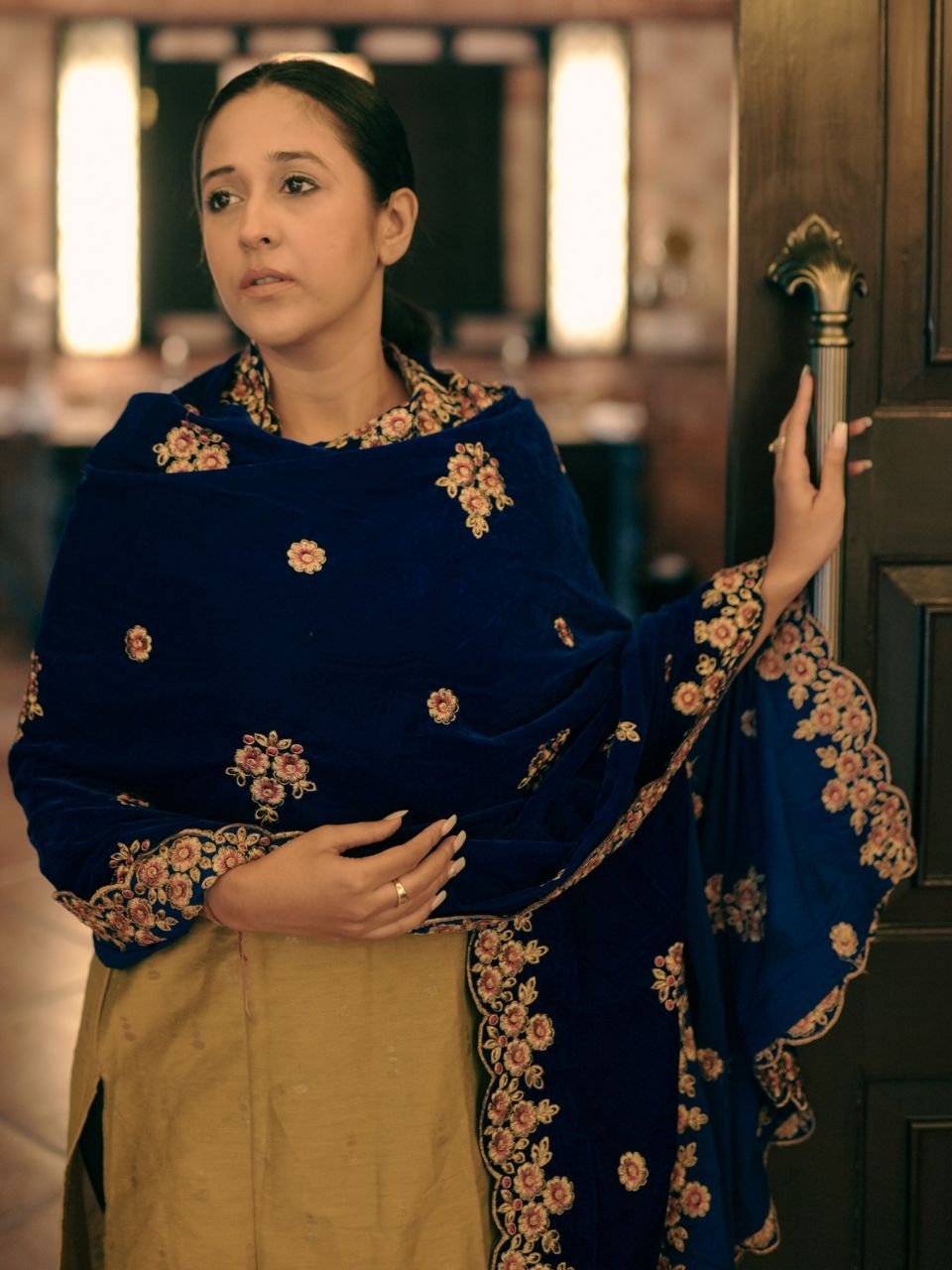 Royal Blue Velvet Dupatta with Gold Embroidery & Cutwork Border