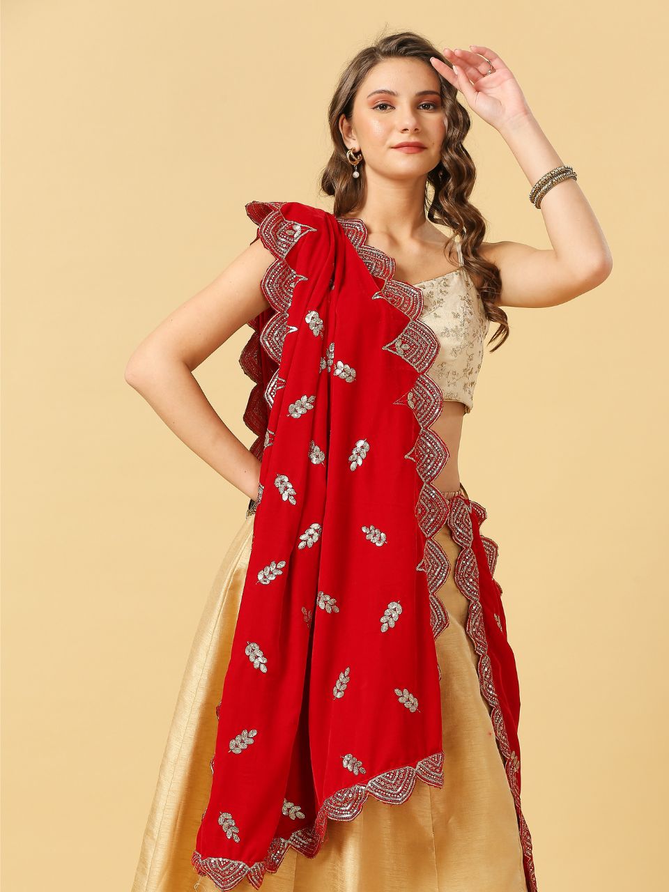 Embroidered Velvet Dupatta with Scalloped Borders