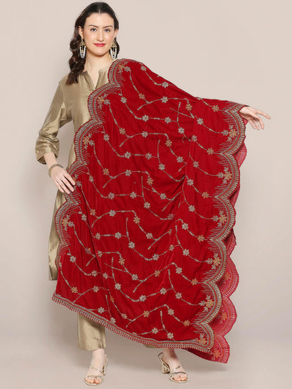 Scalloped Velvet Dupatta with Gold Embroidery