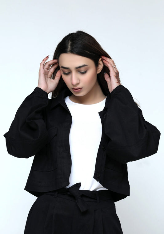 Cropped Jacket with Balloon Sleeve - Black