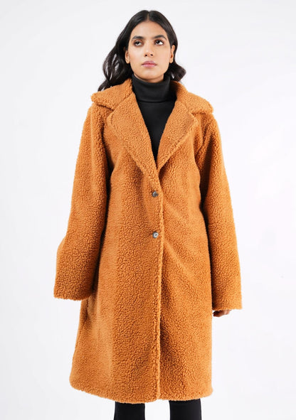 Teddy Faux Fur Oversized Coat - Camel
