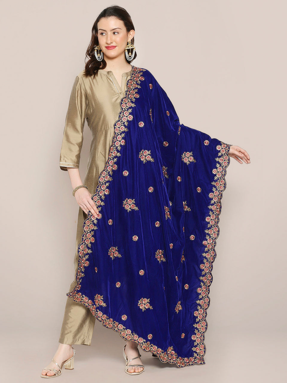 Royal Blue Velvet Dupatta with Gold Embroidery & Cutwork Border