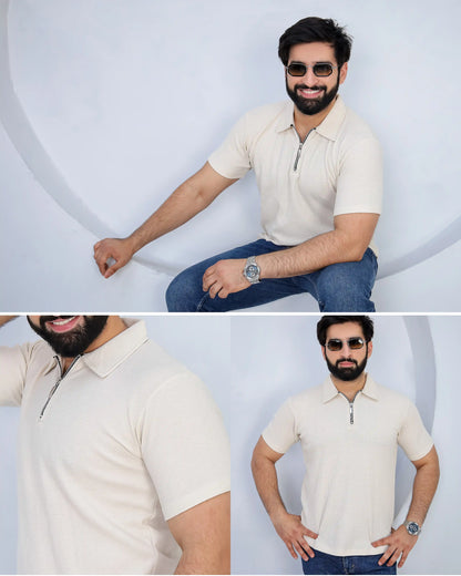 Waffle Knit Zip Polo - Off White