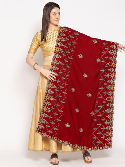 Maroon Velvet Dupatta with Mustard Embroidery & Cutwork Embroidery