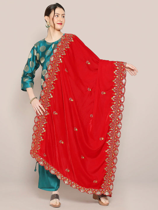 Embroidered Velvet Dupatta with Multicolour Embroidery & Sequins