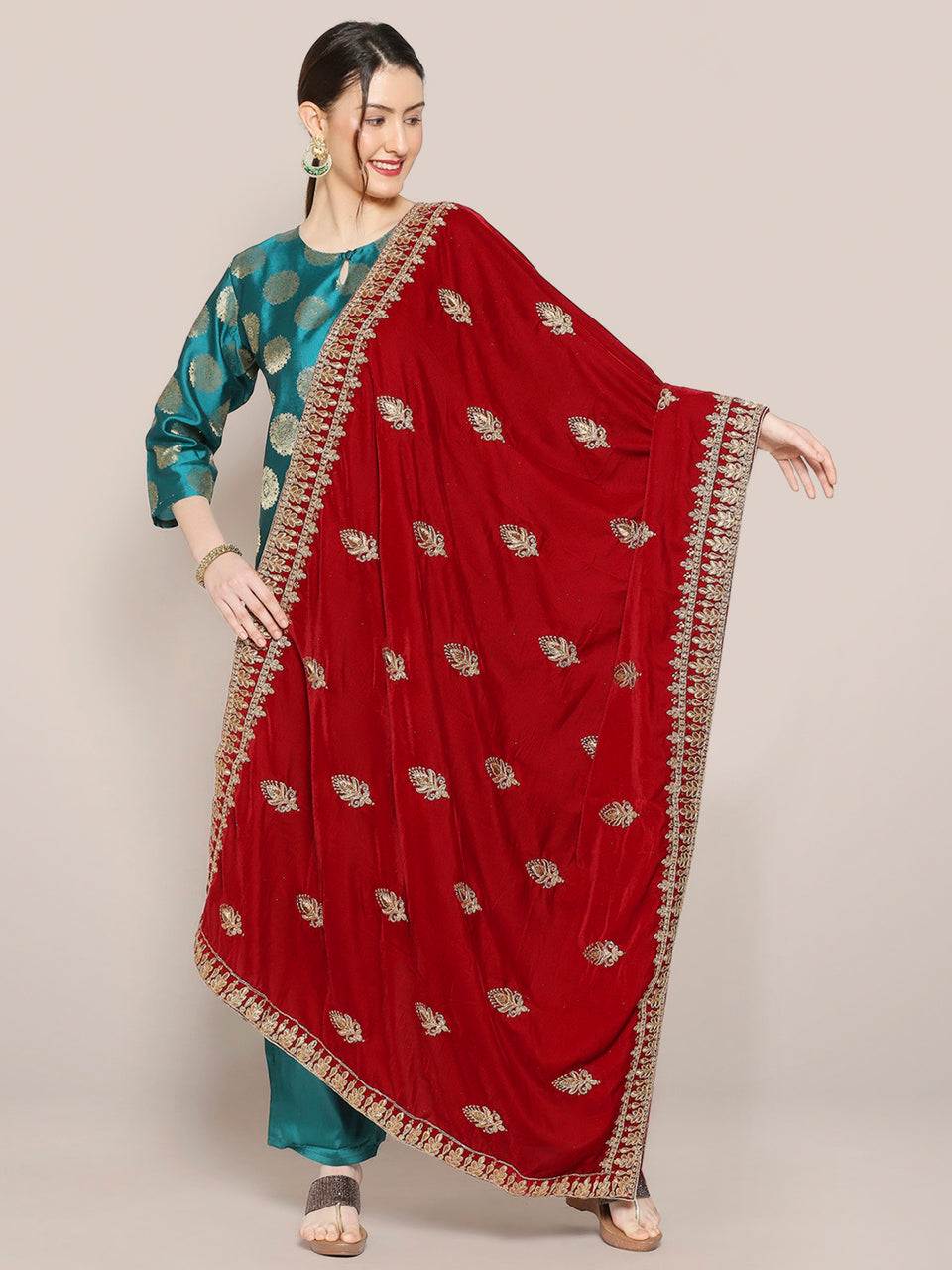 Maroon Velvet Embroidered Dupatta with Gold Motifs all over