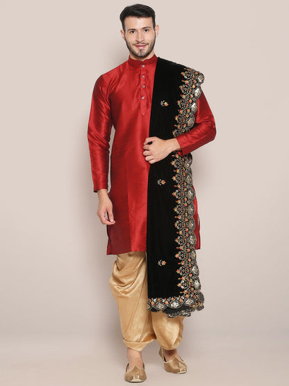 Men's Black Velvet Dupatta with Multicolour Embroidery